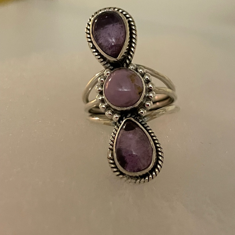 Sterling Silver Amethyst & Phosphosiderite Triple Stone Ring
